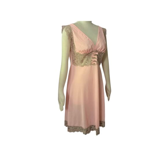 1960s Aristocraft Pink Tan Lace Accents V Neck Negligee Nightgown Size L - Picture 5 of 6